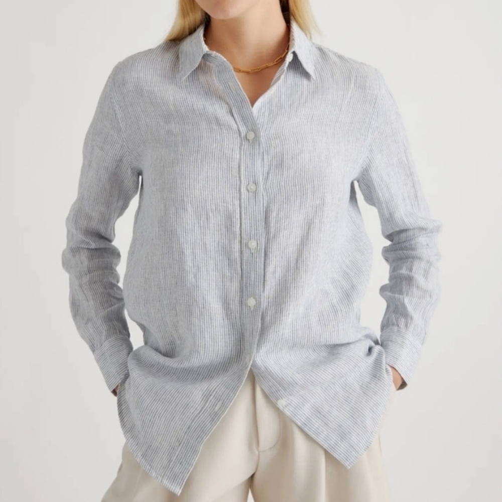 UNTUCKit Angelen Women's Blue White Stripe Linen Blend Button Down Shirt